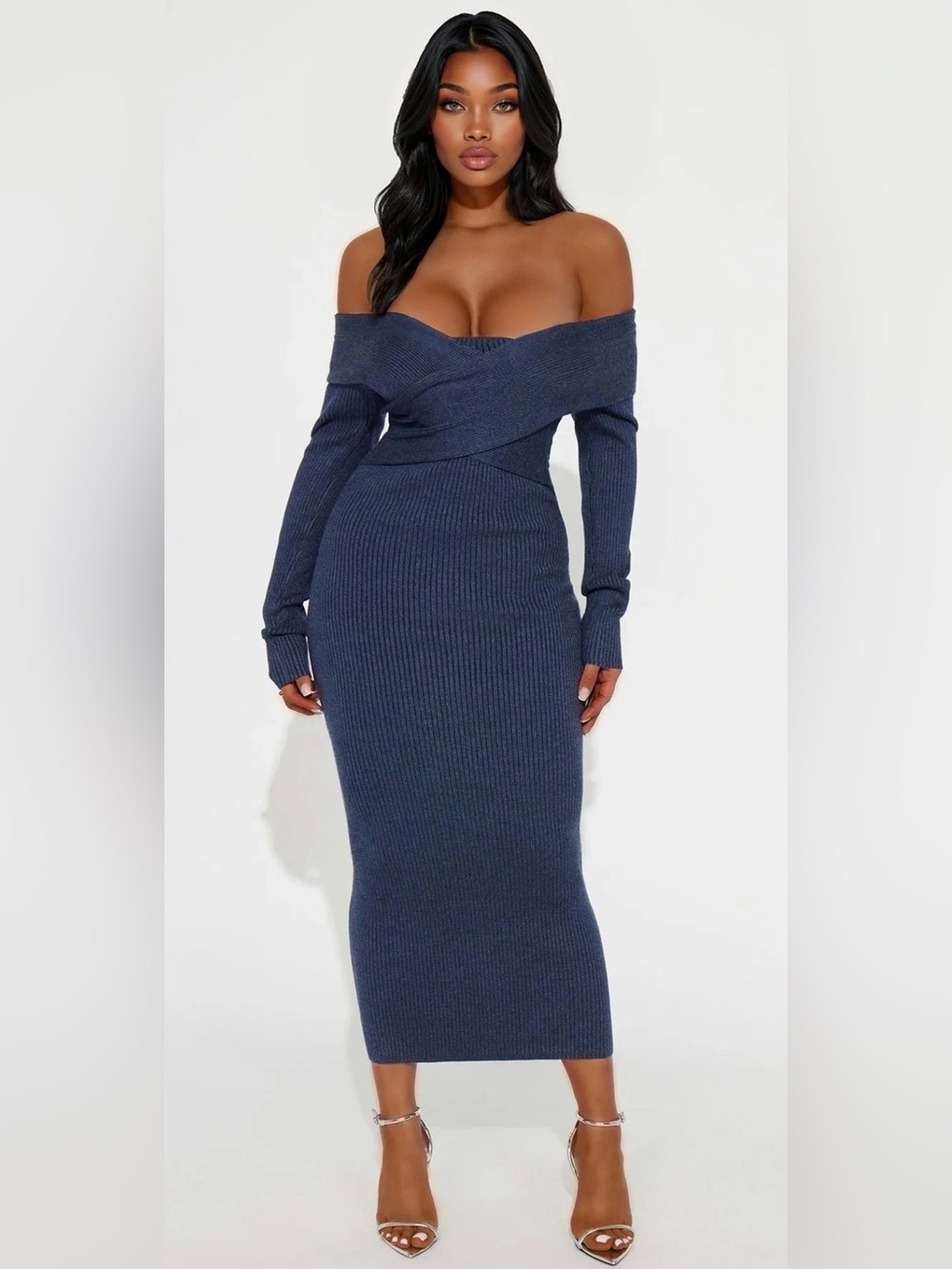 ASTR the Label‎ Annona Off-The-Shoulder Midi Sweater Dress Navy Blue NWT Size M
